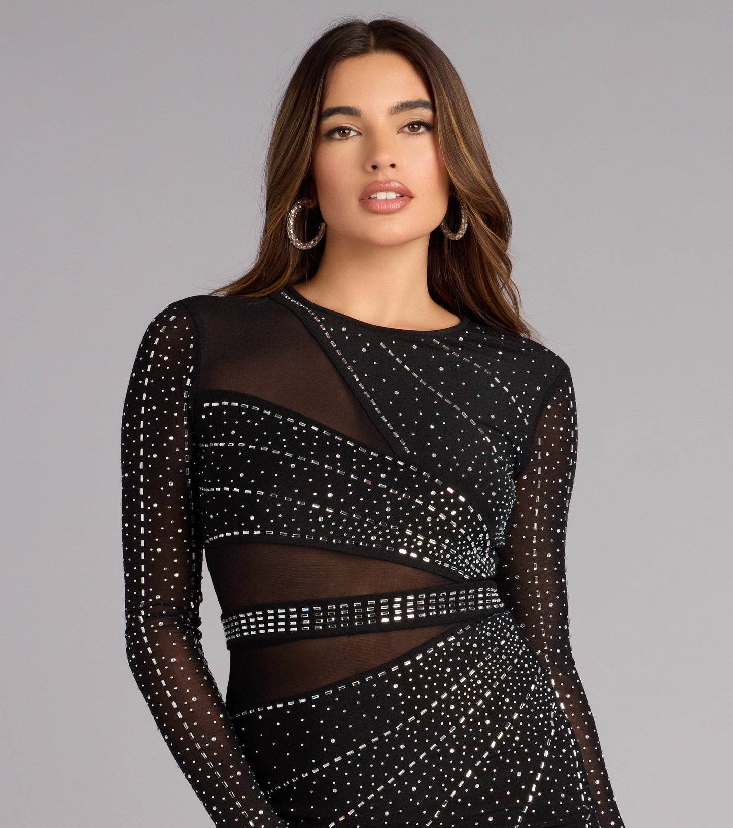 Undeniable Glamour Rhinestone Sheer Mesh Mini Dress