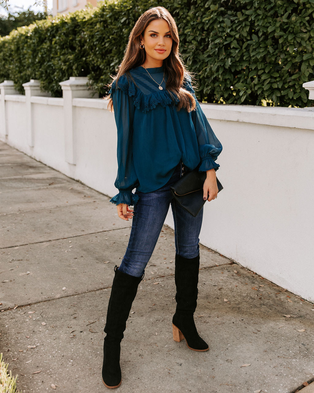 Eleanora Crochet Ruffle Blouse - Teal