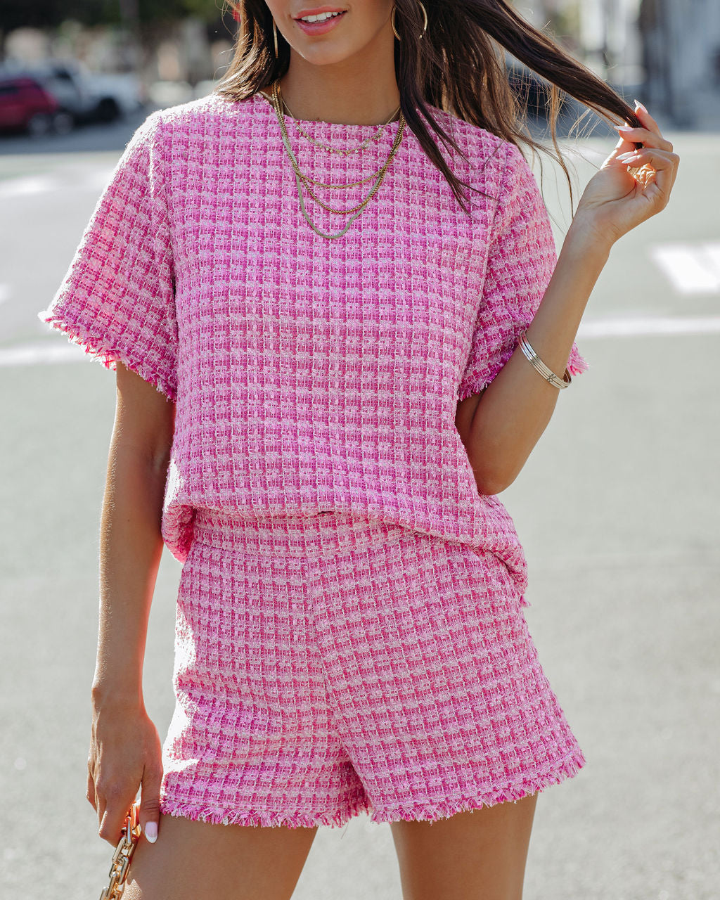 Gracie Frayed Short Sleeve Tweed Blouse - Pink