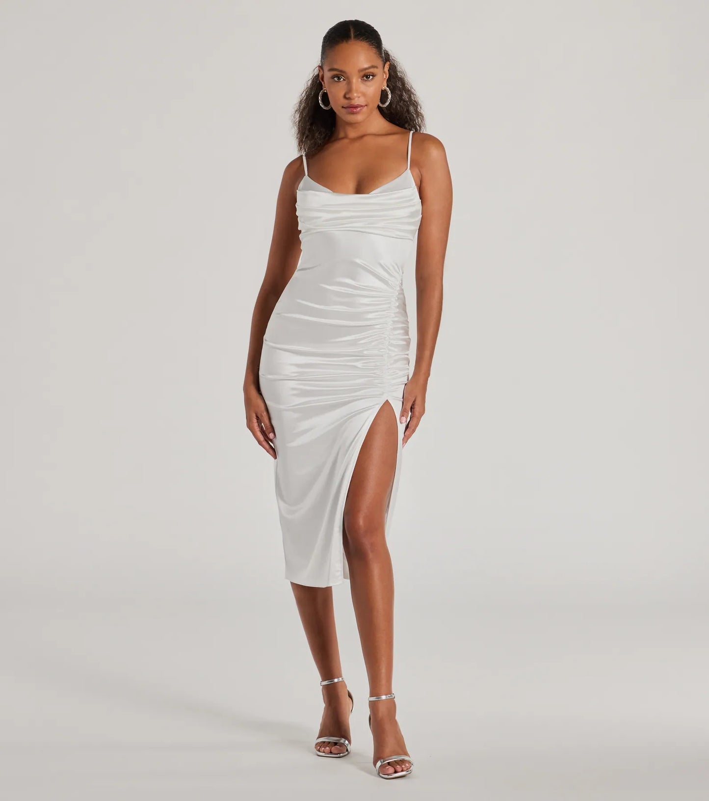 Kristen Formal Satin Cowl Neck Midi Dress