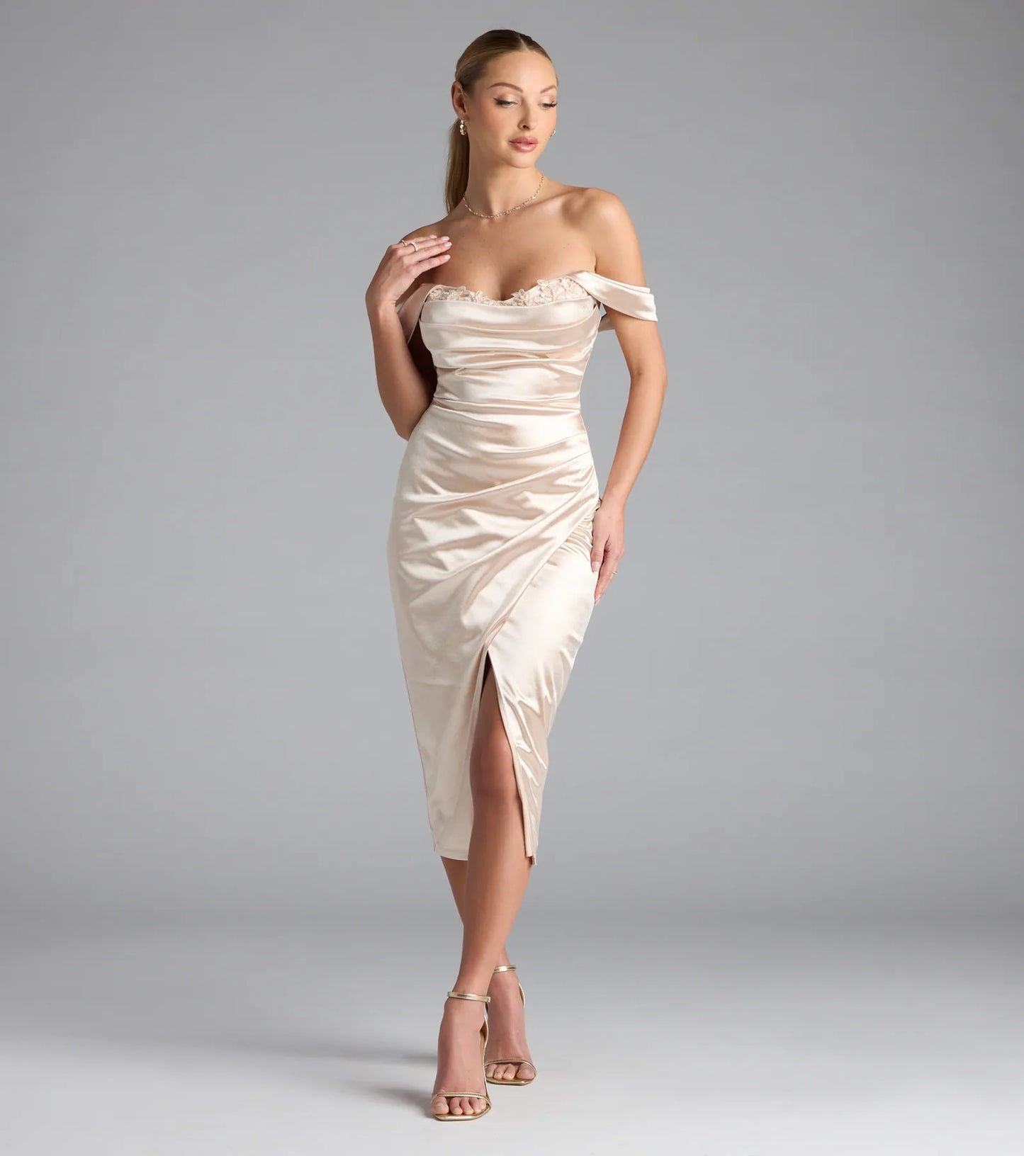 Martine Off-The-Shoulder Midi Satin Formal Dress