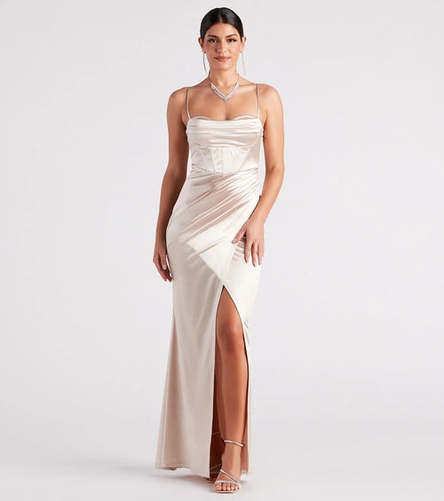 Stacie Satin Corset Wrap Formal Dress