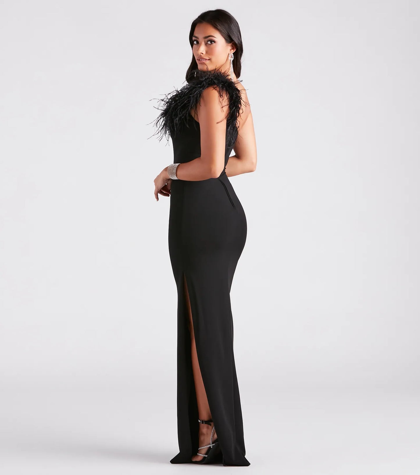 Patricia Formal Crepe Marabou Long Dress