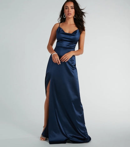 Ellie Cowl Neck A-Line Long Satin Formal Dress