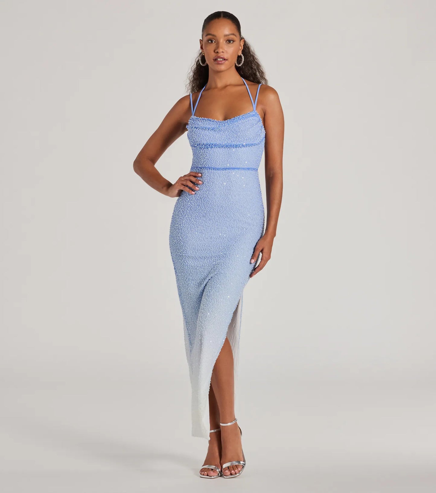 Nia Beaded Ombre Mesh High Slit Formal Dress