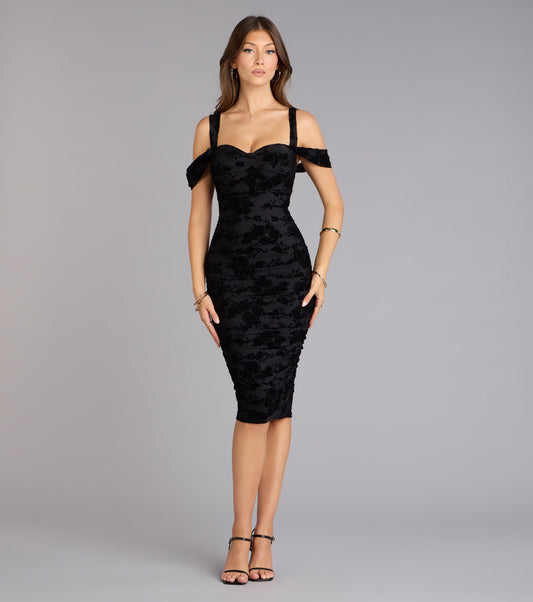 Chic Affair Flocked Floral Velvet Cold-Shoulder Midi Dress