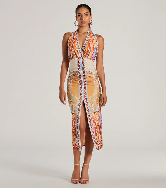 Vibrant Side Geometric Print Bodycon Midi Dress
