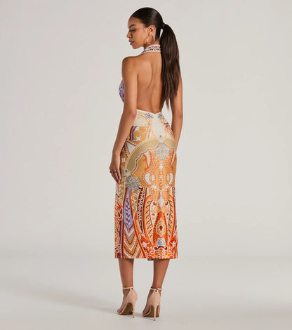 Vibrant Side Geometric Print Bodycon Midi Dress