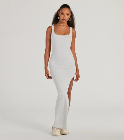 Set For Cuteness Twist Back Slit Rib Knit Maxi Dress
