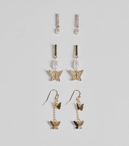 Glam Rhinestone And Pearl Butterfly Earrings Set