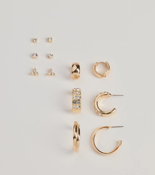 Trendy Sparkle Stud And Hoop Earrings Set