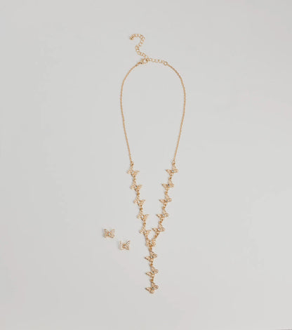 Glitzy Rhinestone Butterfly Necklace And Earrings Set