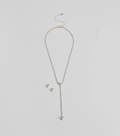 Simple Glitz Rhinestone Lariat Necklace And Stud Earrings Set