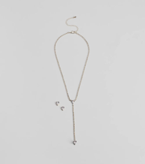 Simple Glitz Rhinestone Lariat Necklace And Stud Earrings Set