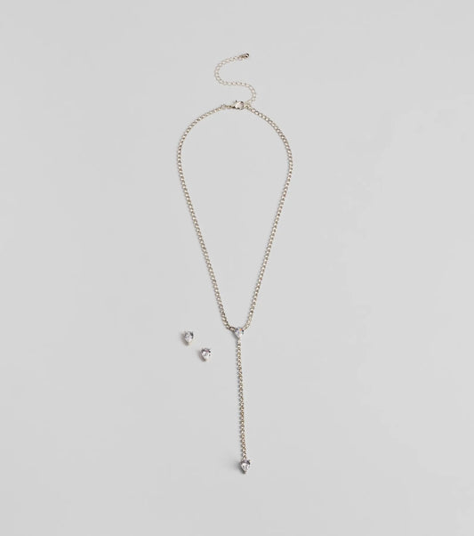 Simple Glitz Rhinestone Lariat Necklace And Stud Earrings Set