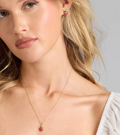 In Season Strawberry Earrings And Necklace Set