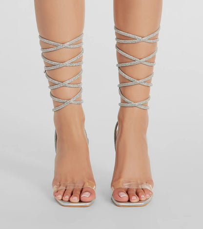 Wrapped Up Babe Rhinestone Lace-Up Stiletto Heels