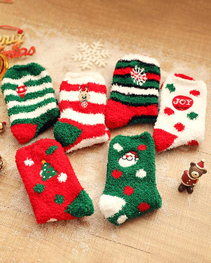 6Pairs Christmas Cartoon Graphic Fuzzy Thermal Socks Set