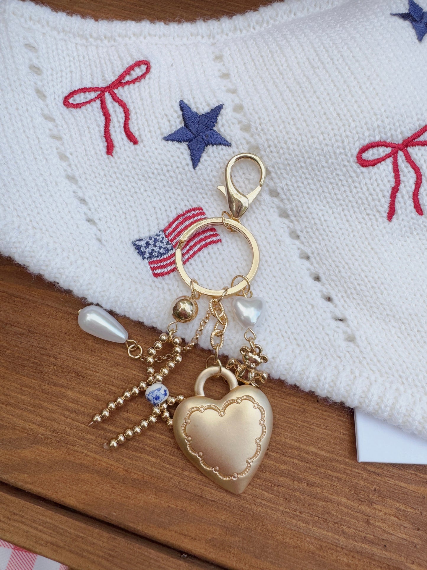 PORCELAIN BOW HEART TEDDY BEAR PEARL BAG CHARM