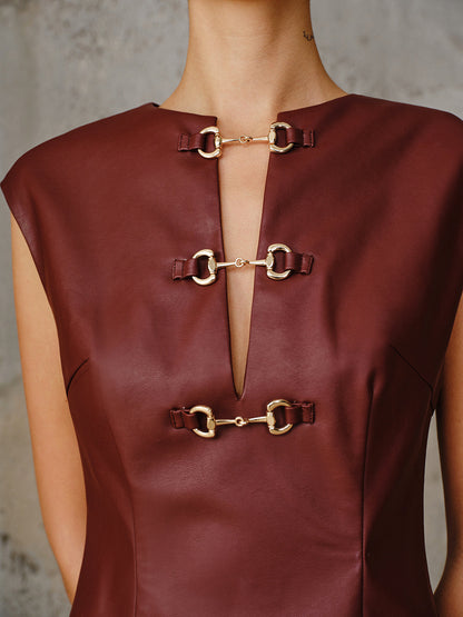 PU Leather Metal Buckle Sleeveless Mini Dress