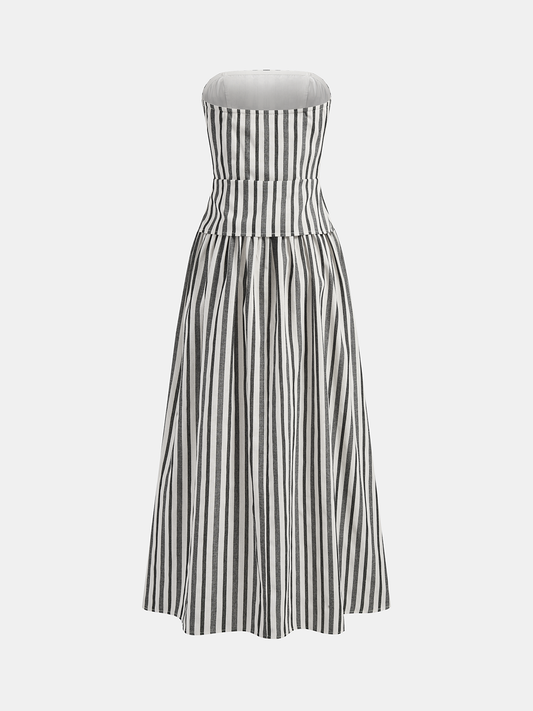 Striped Strapless Cotton Linen Ruched Dress