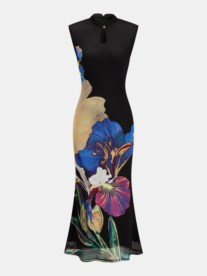 Iris Floral Print Mesh Sleeveless Maxi Dress