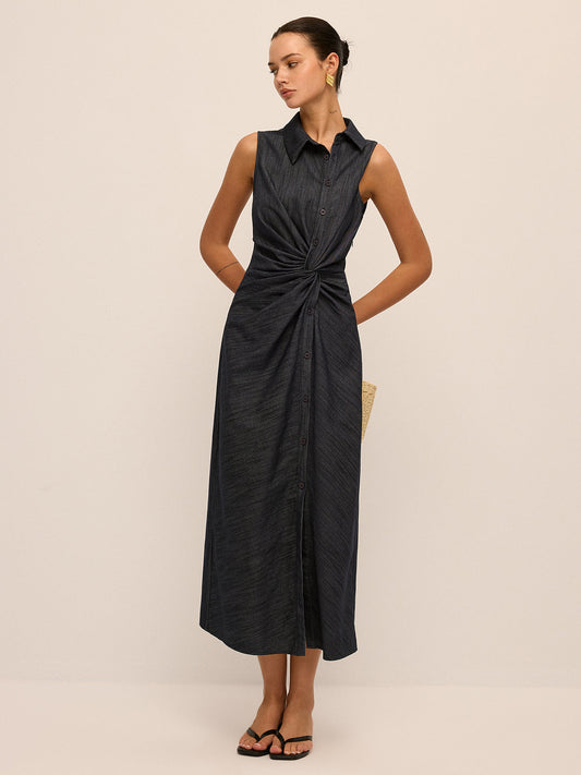 Denim Twist-Front Sleeveless Shirt Dress