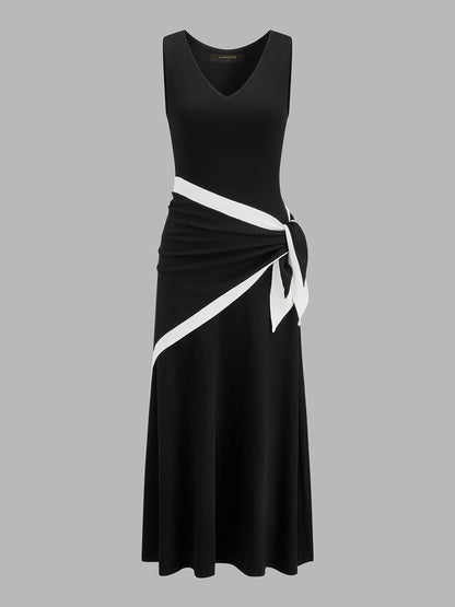 Color Block Tie Waist Sleeveless Maxi Dress
