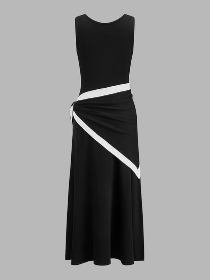 Color Block Tie Waist Sleeveless Maxi Dress