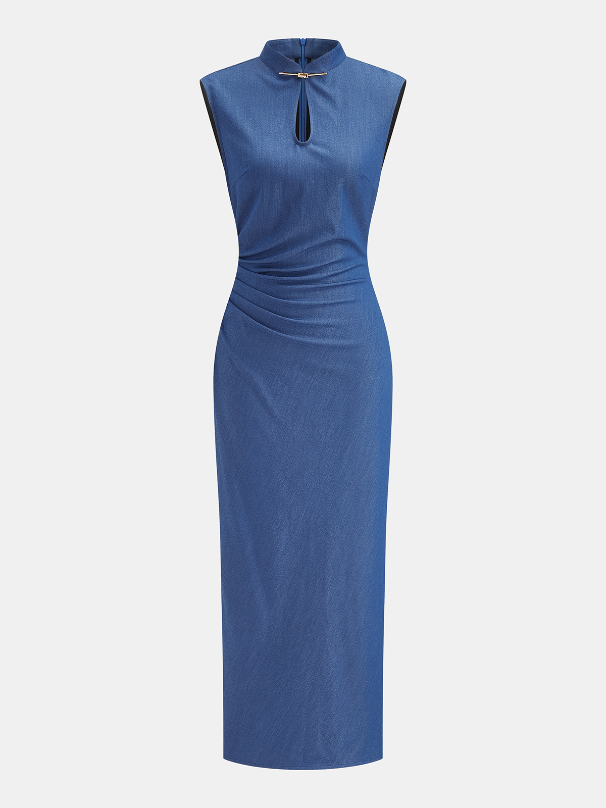 Ruched Keyhole Mandarin Collar Maxi Dress