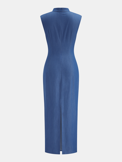 Ruched Keyhole Mandarin Collar Maxi Dress