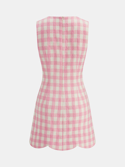 Gingham Scallop Hem Tweed Mini Dress
