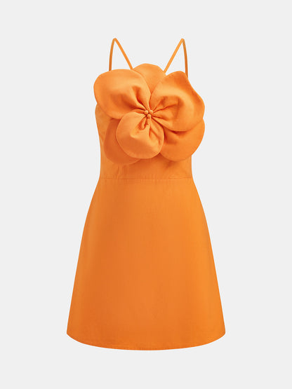3D Flower Cotton Linen Slip Mini Dress