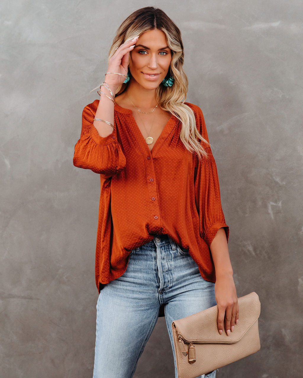 Carla Embossed Button Down Blouse - Rust