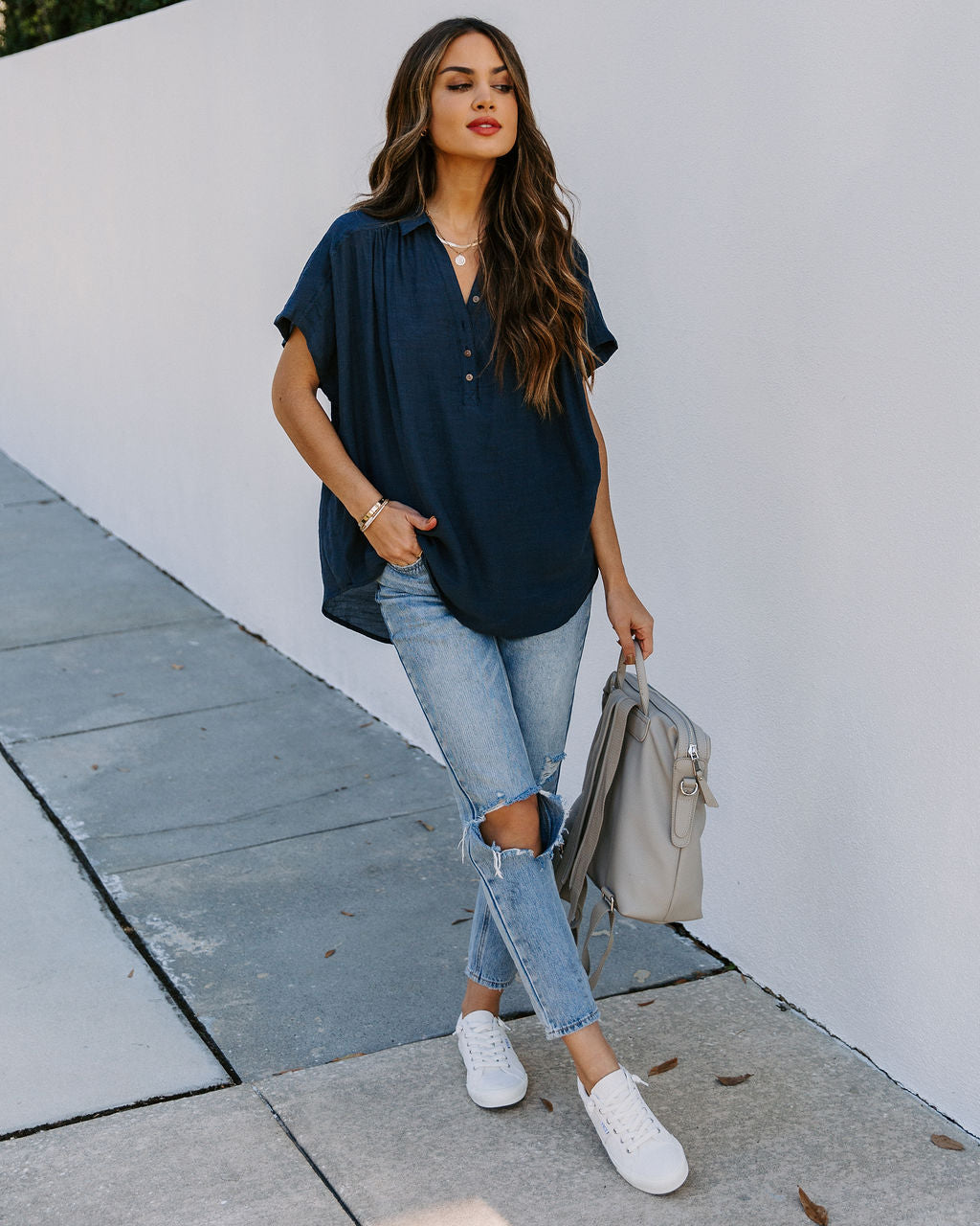Chance Collared Woven Top - Navy