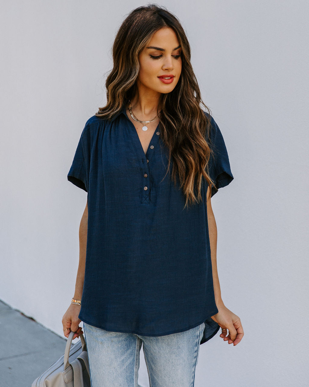 Chance Collared Woven Top - Navy