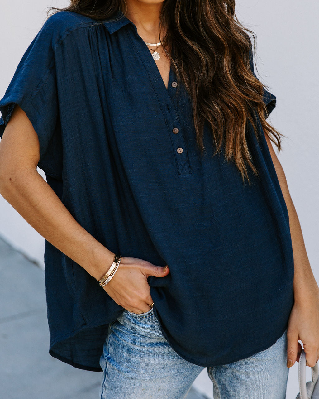 Chance Collared Woven Top - Navy