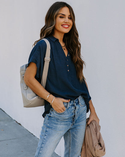Chance Collared Woven Top - Navy