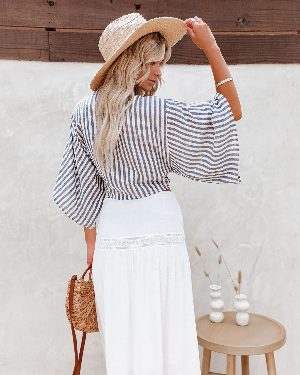 Chi Cotton Blend Striped Tie Top - Ink