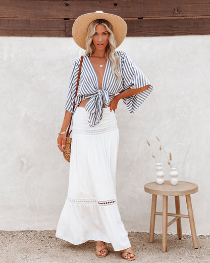 Chi Cotton Blend Striped Tie Top - Ink