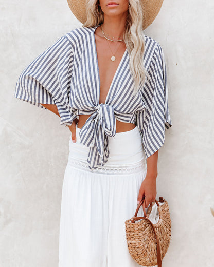 Chi Cotton Blend Striped Tie Top - Ink