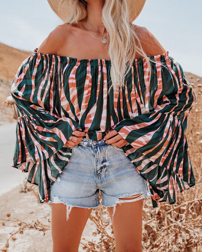 Duet Printed Off The Shoulder Bell Sleeve Top