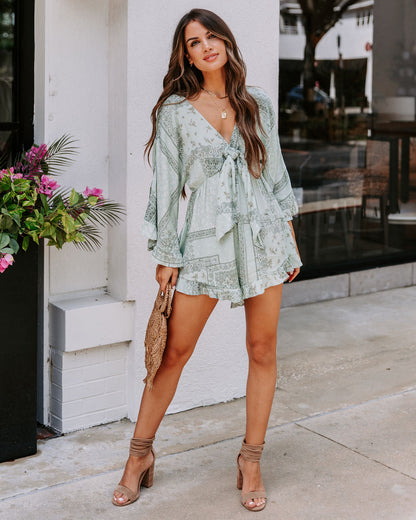 Brinny Pocketed Tie Front Printed Romper - Sage