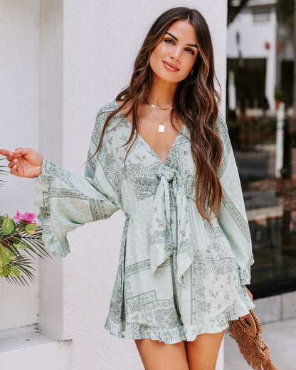 Brinny Pocketed Tie Front Printed Romper - Sage