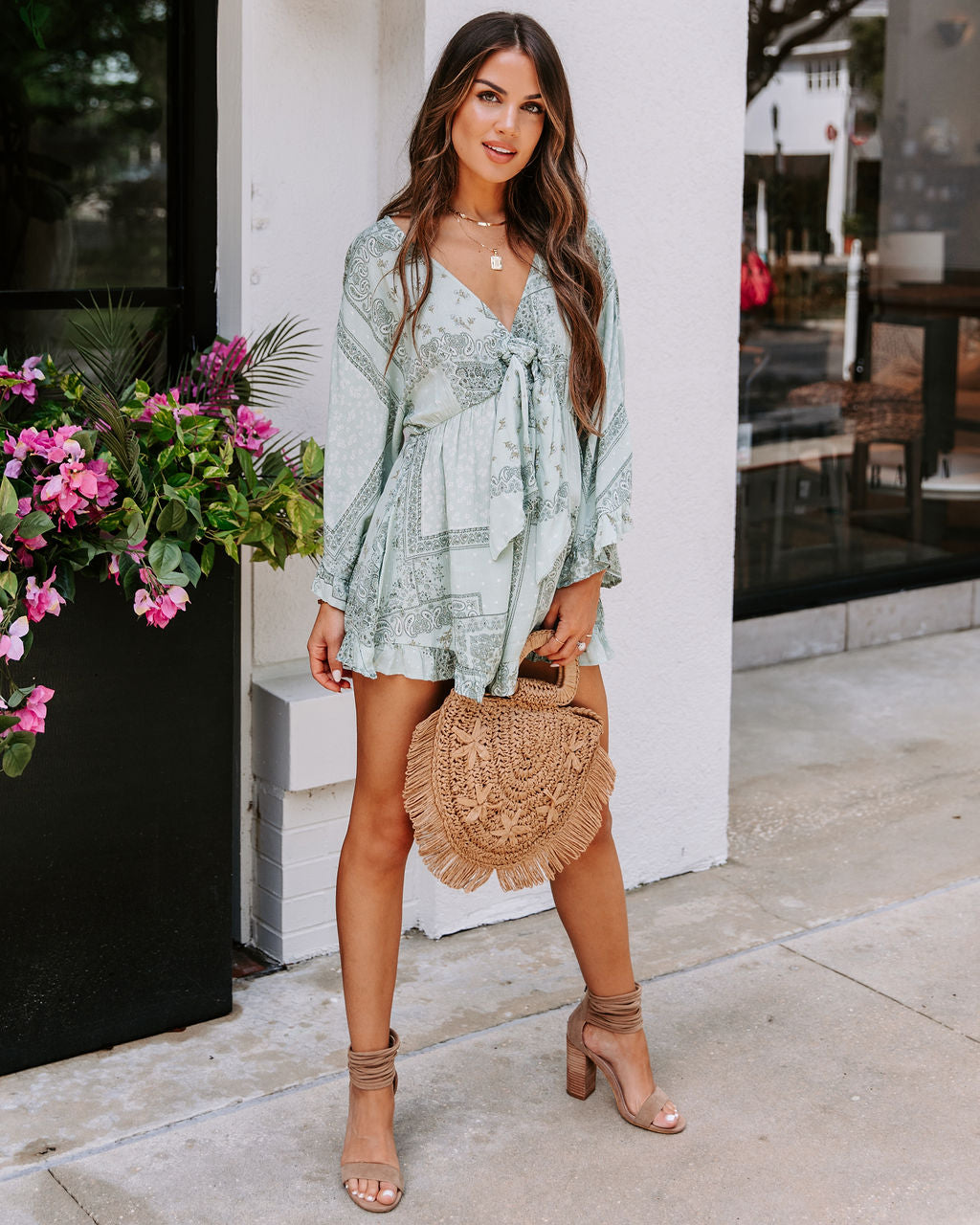 Brinny Pocketed Tie Front Printed Romper - Sage