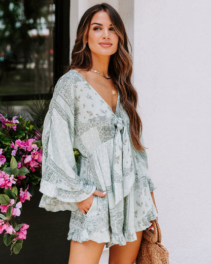 Brinny Pocketed Tie Front Printed Romper - Sage