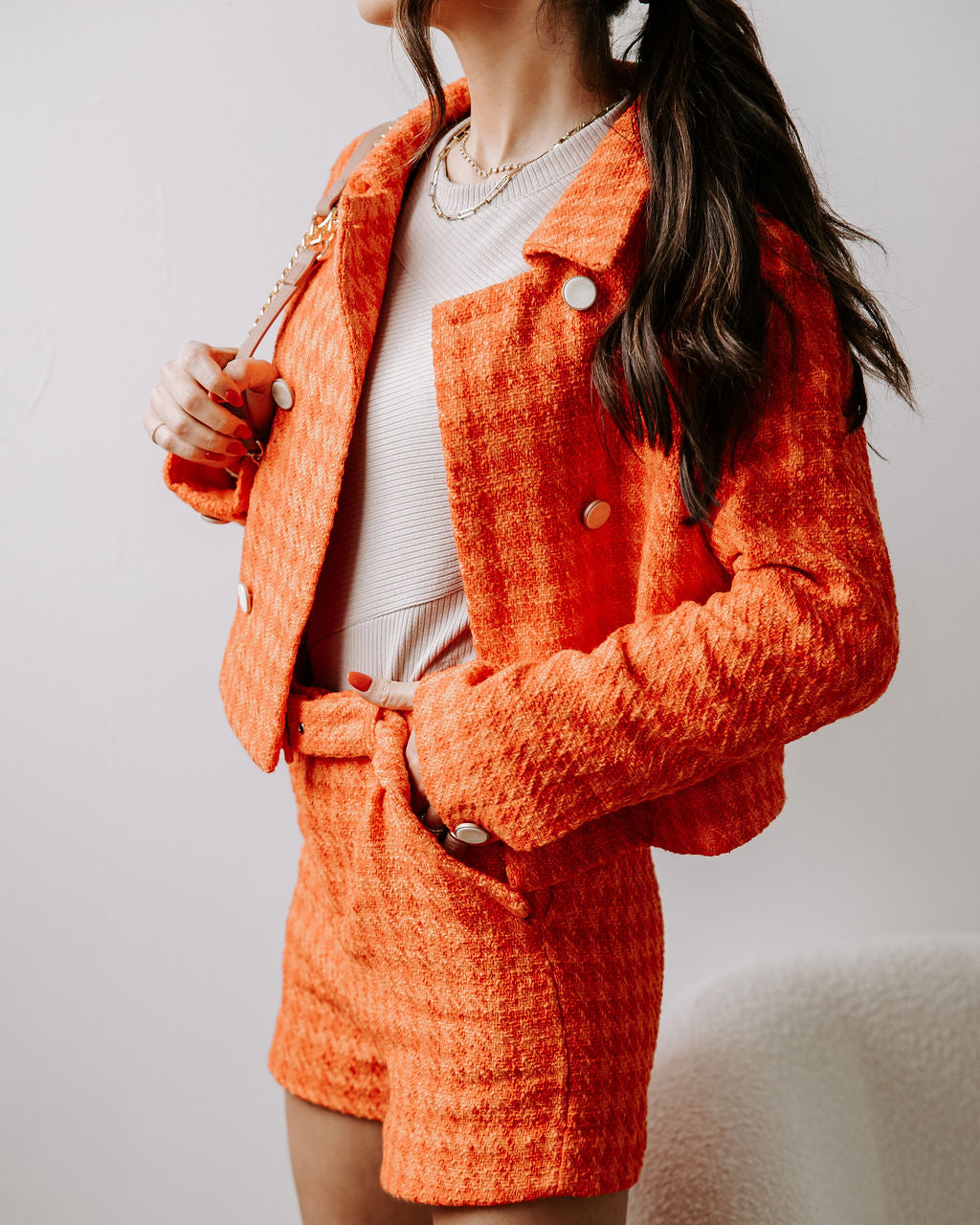 All About Me Tweed Pocketed Belted Shorts - Orange