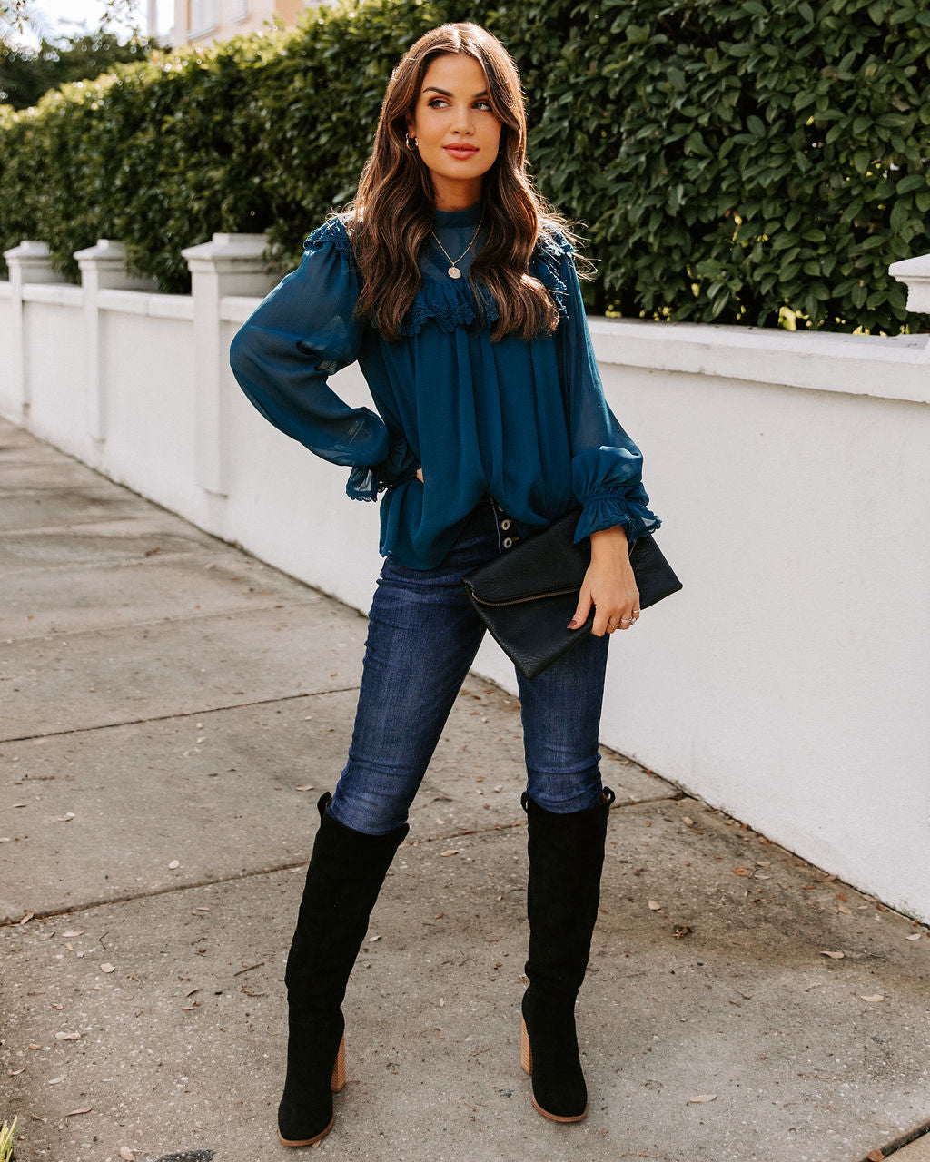 Eleanora Crochet Ruffle Blouse - Teal