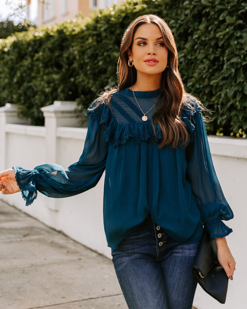 Eleanora Crochet Ruffle Blouse - Teal