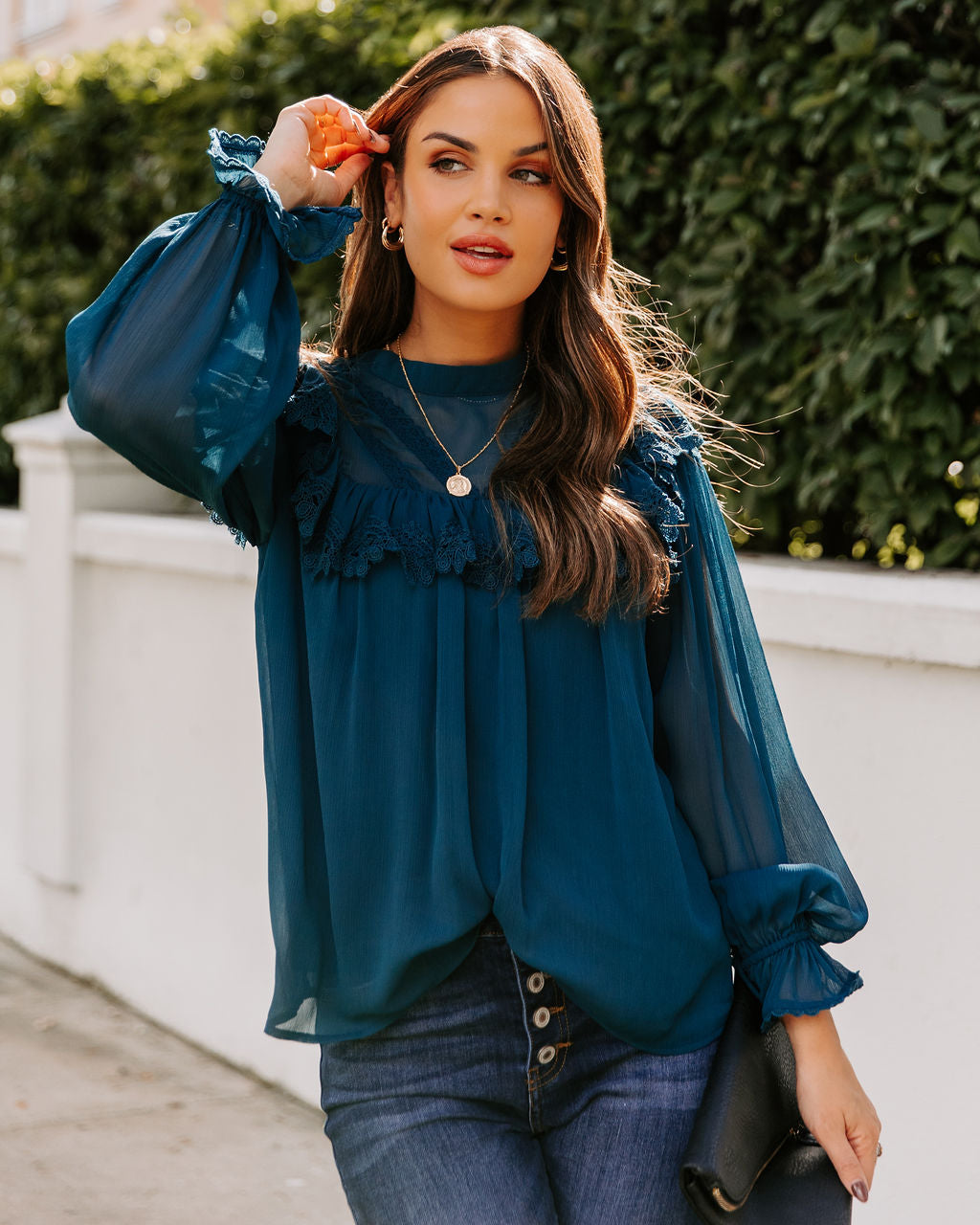 Eleanora Crochet Ruffle Blouse - Teal
